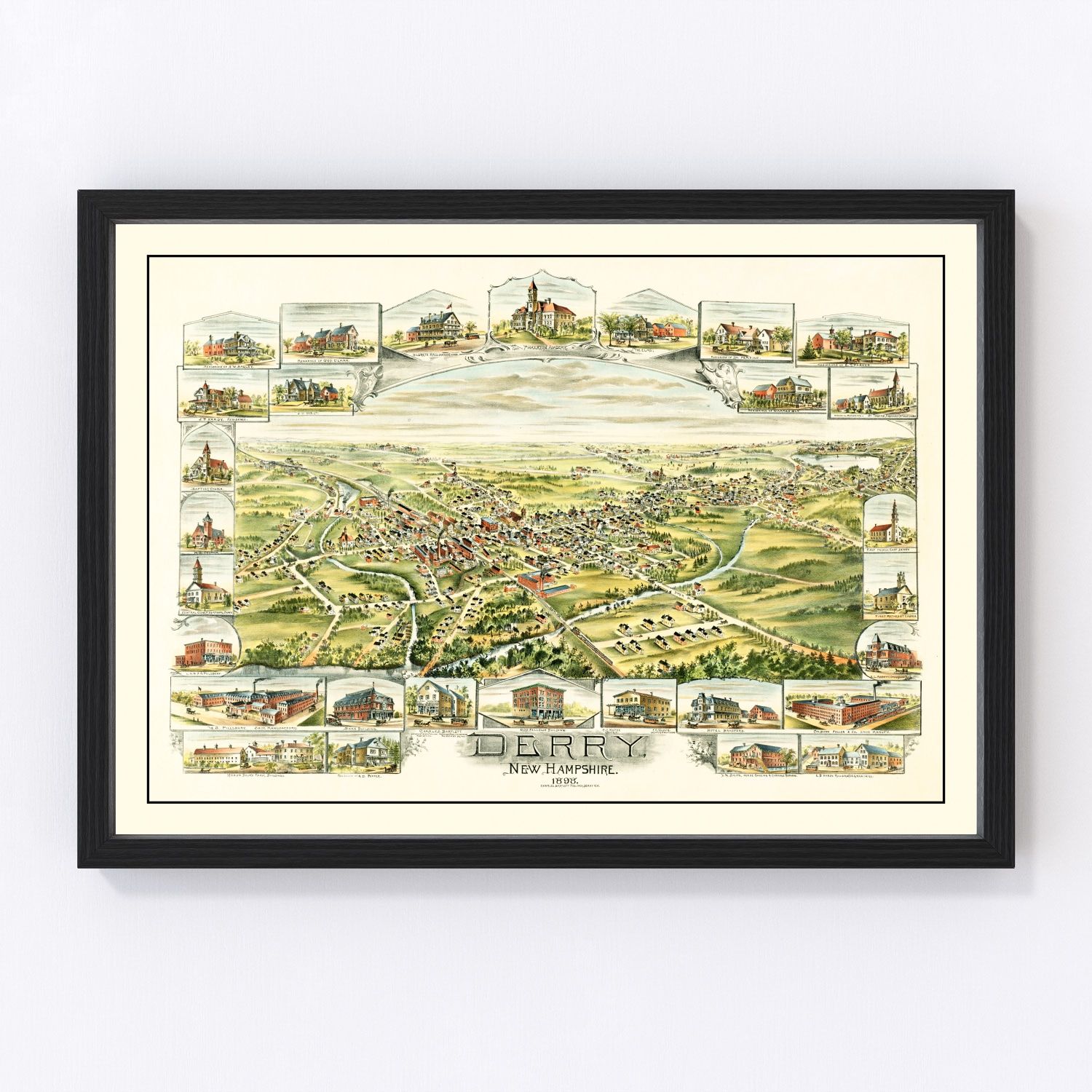 Vintage restored map of Derry, New Hampshire, 1898, Rockingham County cartography