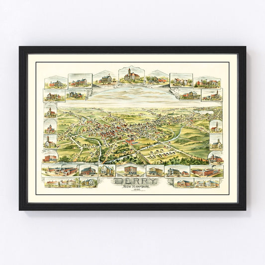Vintage restored map of Derry, New Hampshire, 1898, Rockingham County cartography