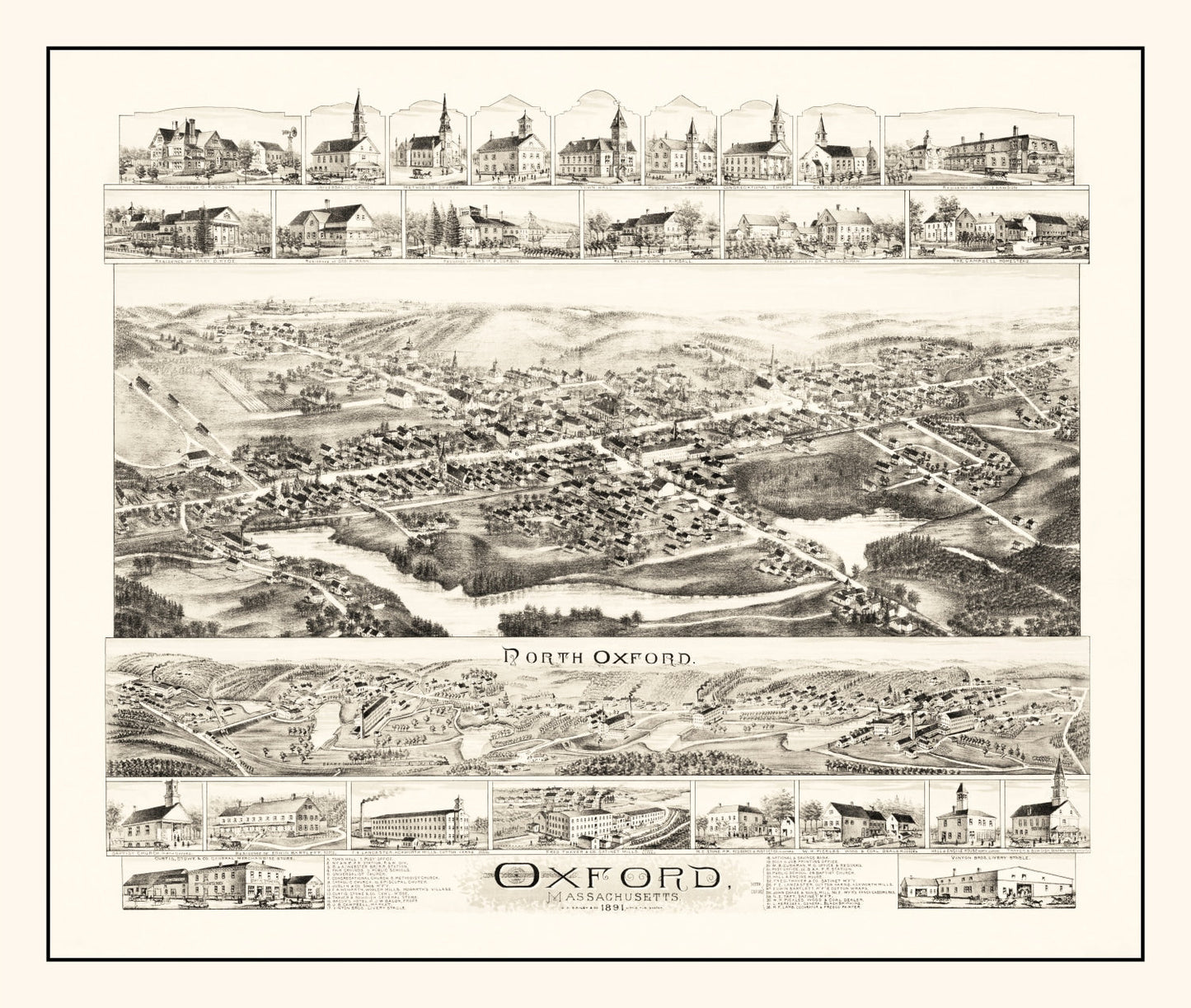 Vintage Map of Oxford, Massachusetts, 1891