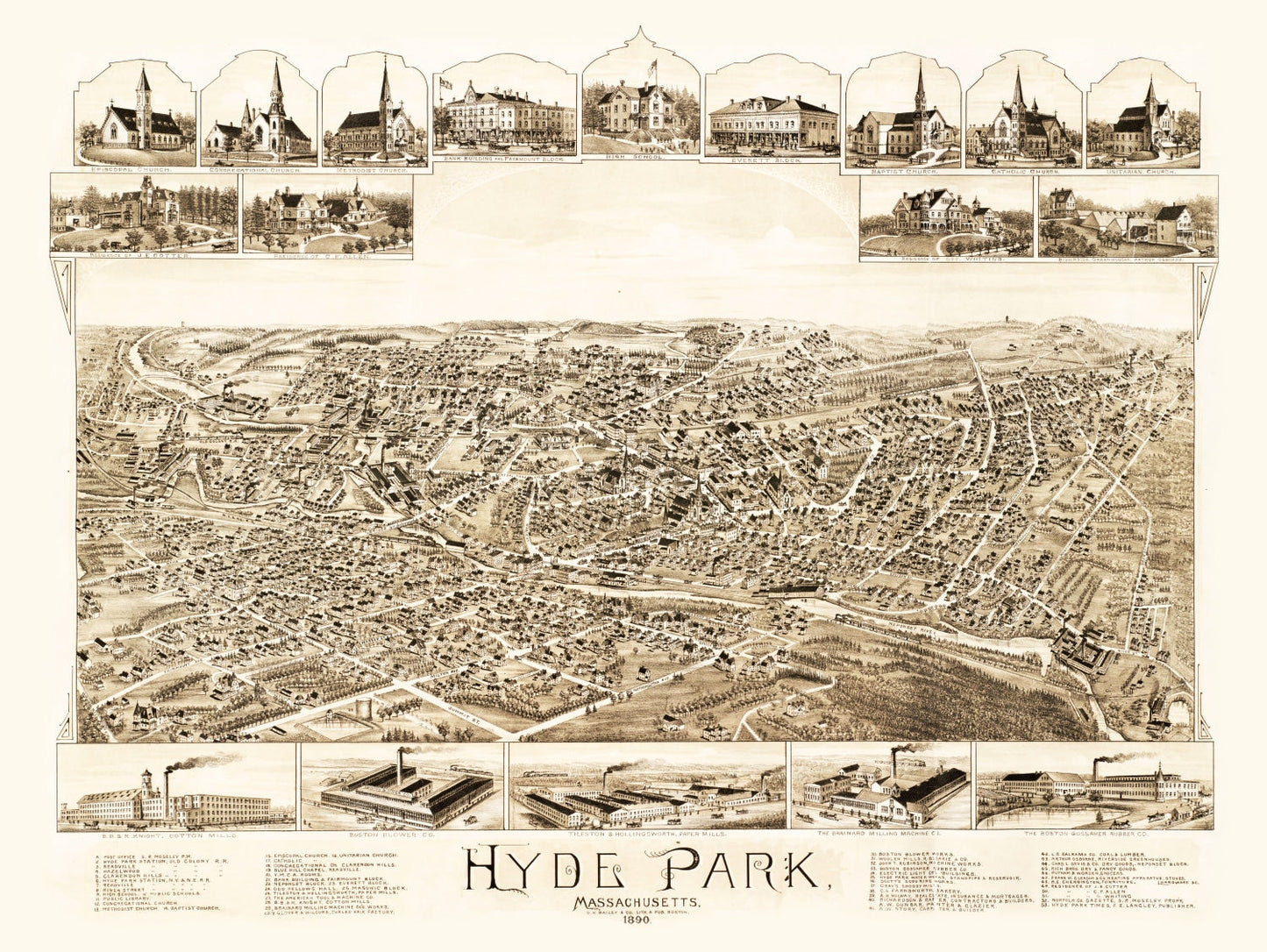 Vintage Map of Hyde Park, Massachusetts, 1890