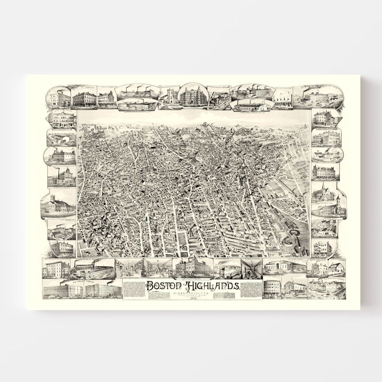Boston Highlands, Massachusetts Vintage Map, 1888 - Suffolk