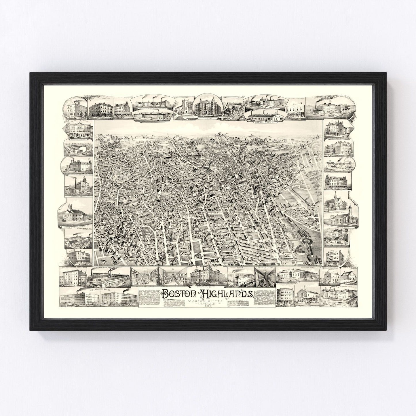 vintage map of Boston Highlands, Suffolk County, 1888, restored print wall art