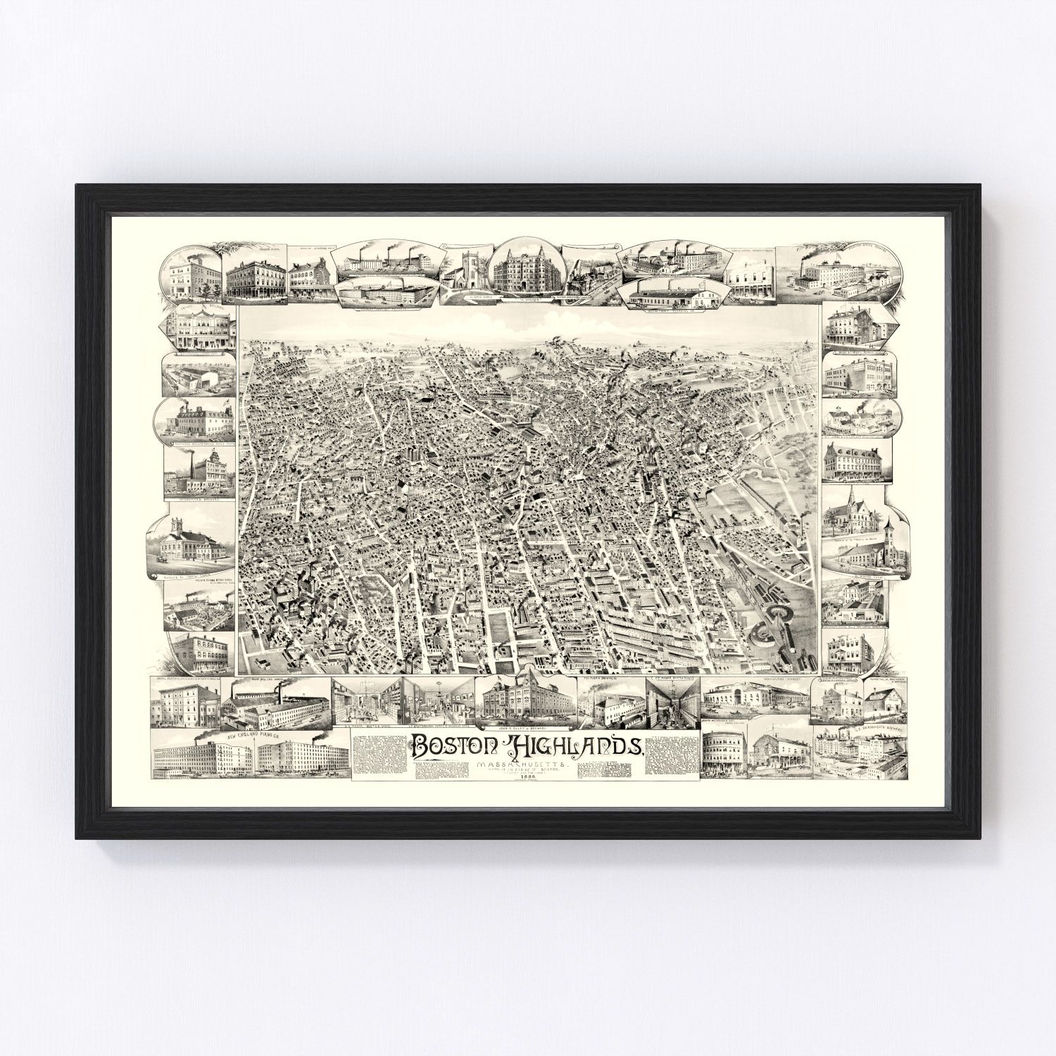 vintage map of Boston Highlands, Suffolk County, 1888, restored print wall art
