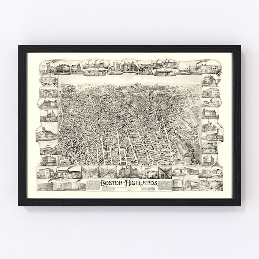 vintage map of Boston Highlands, Suffolk County, 1888, restored print wall art