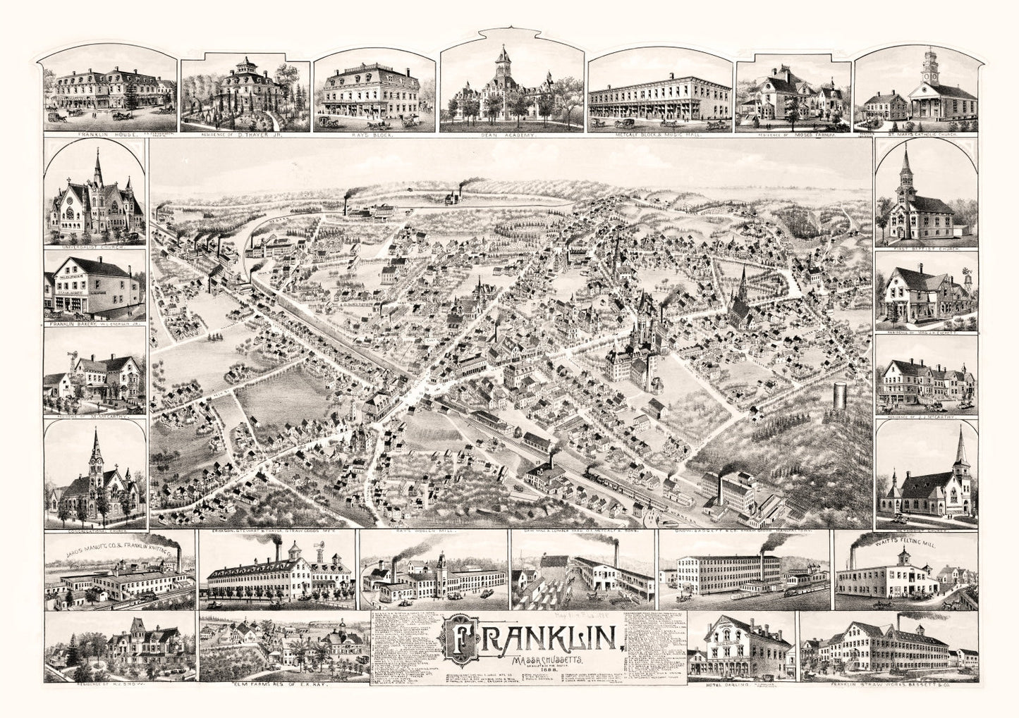Vintage Map of Franklin, Massachusetts, 1888