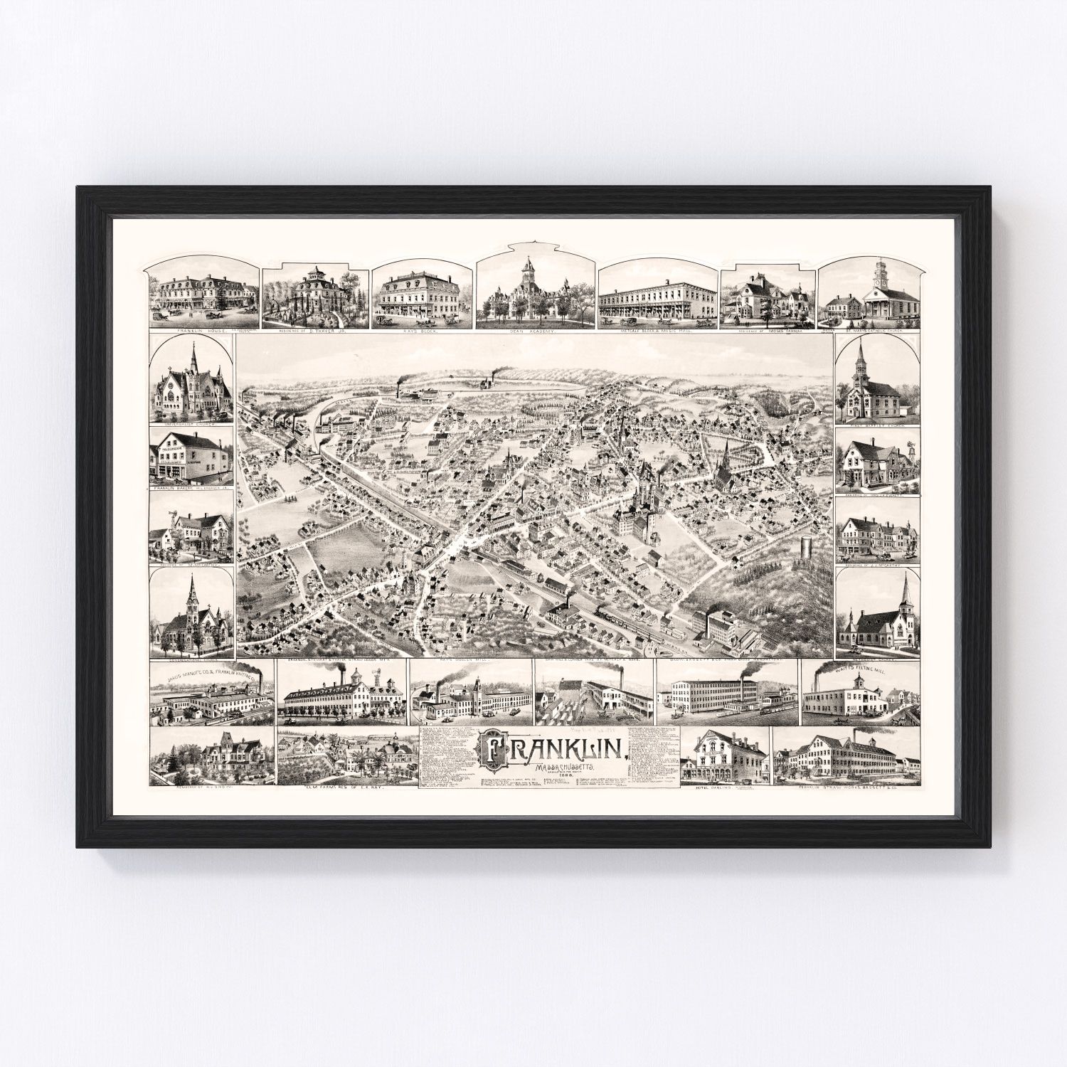 Vintage map of Franklin, Massachusetts, 1888
