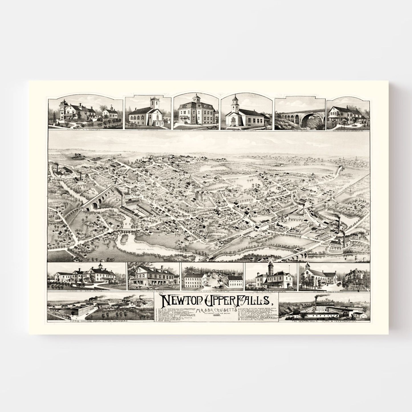 Vintage Map of Newton Upper Falls, Massachusetts, 1888