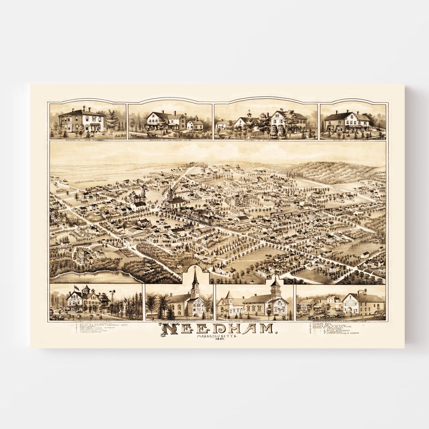 Vintage Map of Needham, Massachusetts, 1887