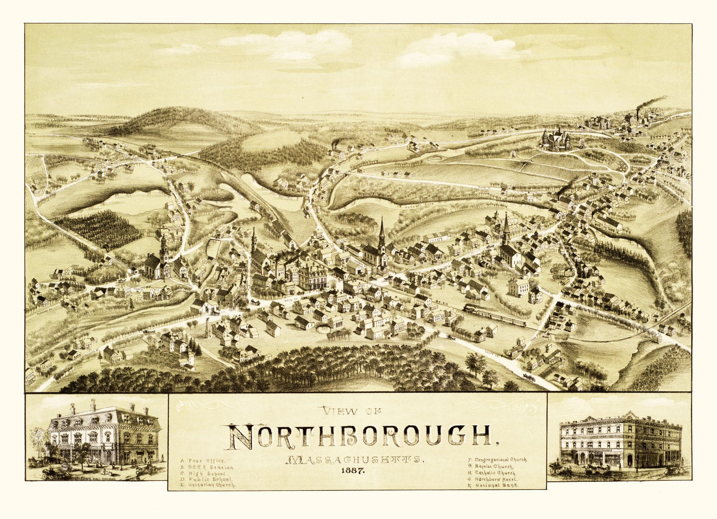 Vintage Map of Northborough, Massachusetts, 1887