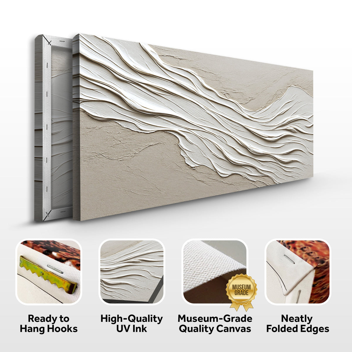 Beige rolling waves canvas front and side, with text: Ready to Hang Hooks, High-Quality UV Ink, Museum-Grade Quality Canvas, Neatly Folded Edges