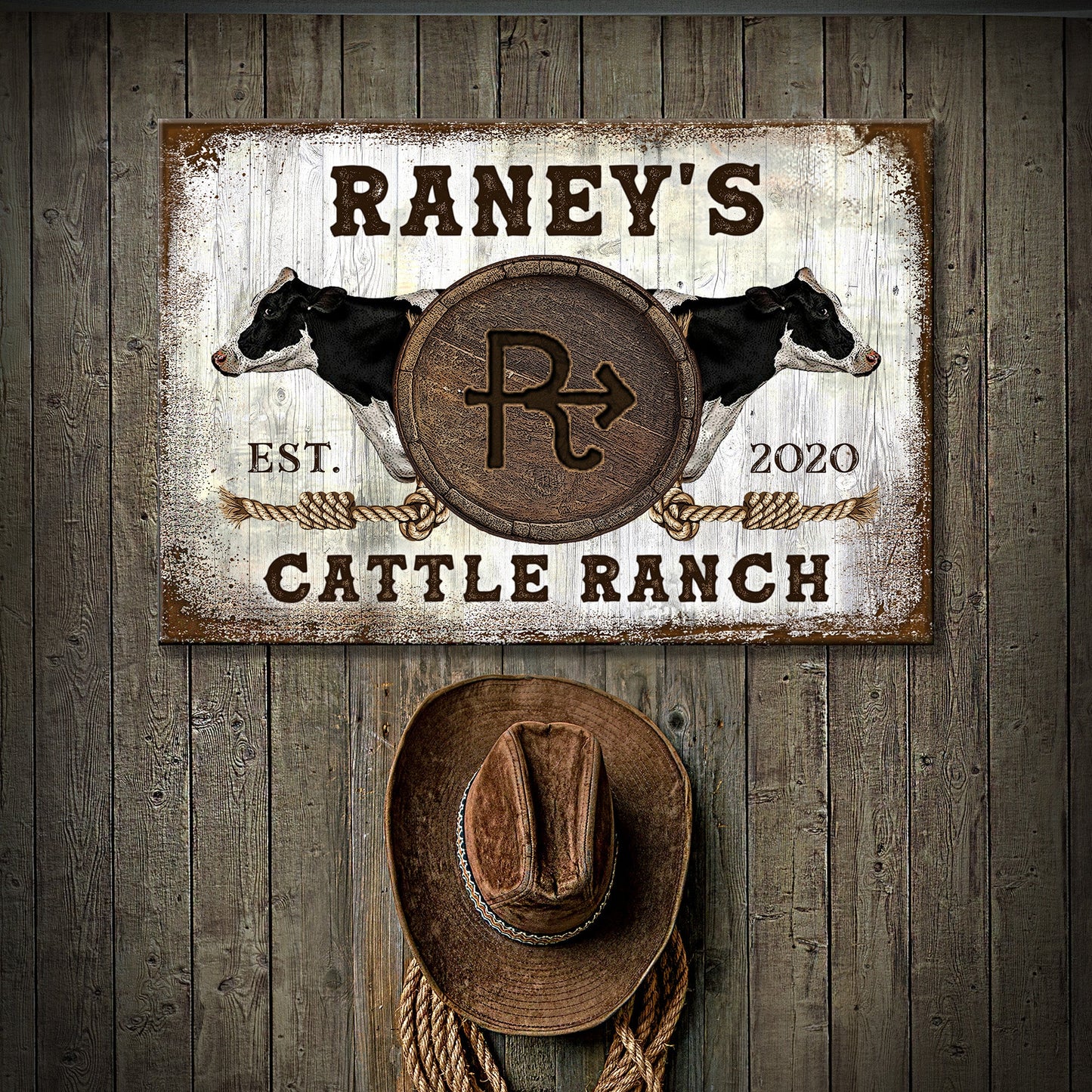 Personalized Holstein cattle brand canvas sign with custom ranch name, farmhouse style