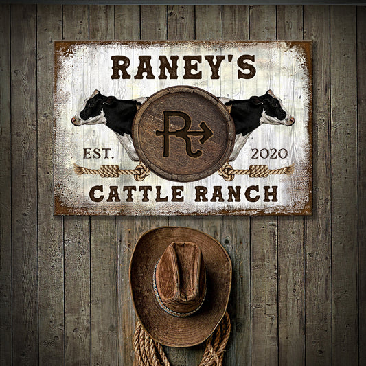 Personalized Holstein cattle brand canvas sign with custom ranch name, farmhouse style