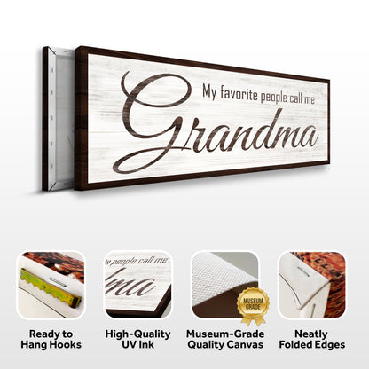 Grandma sign canvas front and side, with text: Ready to Hang Hooks, High-Quality UV Ink, Museum-Grade Quality Canvas, Neatly Folded Edges