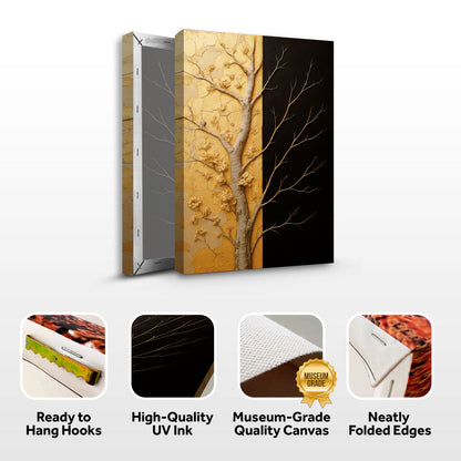 Gold tree beside a black panel canvas front and side, with text: Ready to Hang Hooks, High-Quality UV Ink, Museum-Grade Quality Canvas, Neatly Folded Edges