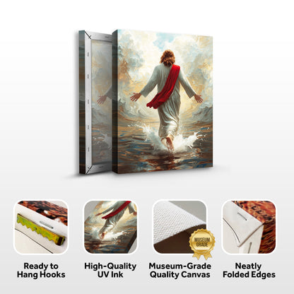 Jesus with open arms on the water canvas front and side, with text: Ready to Hang Hooks, High-Quality UV Ink, Museum-Grade Quality Canvas, Neatly Folded Edges