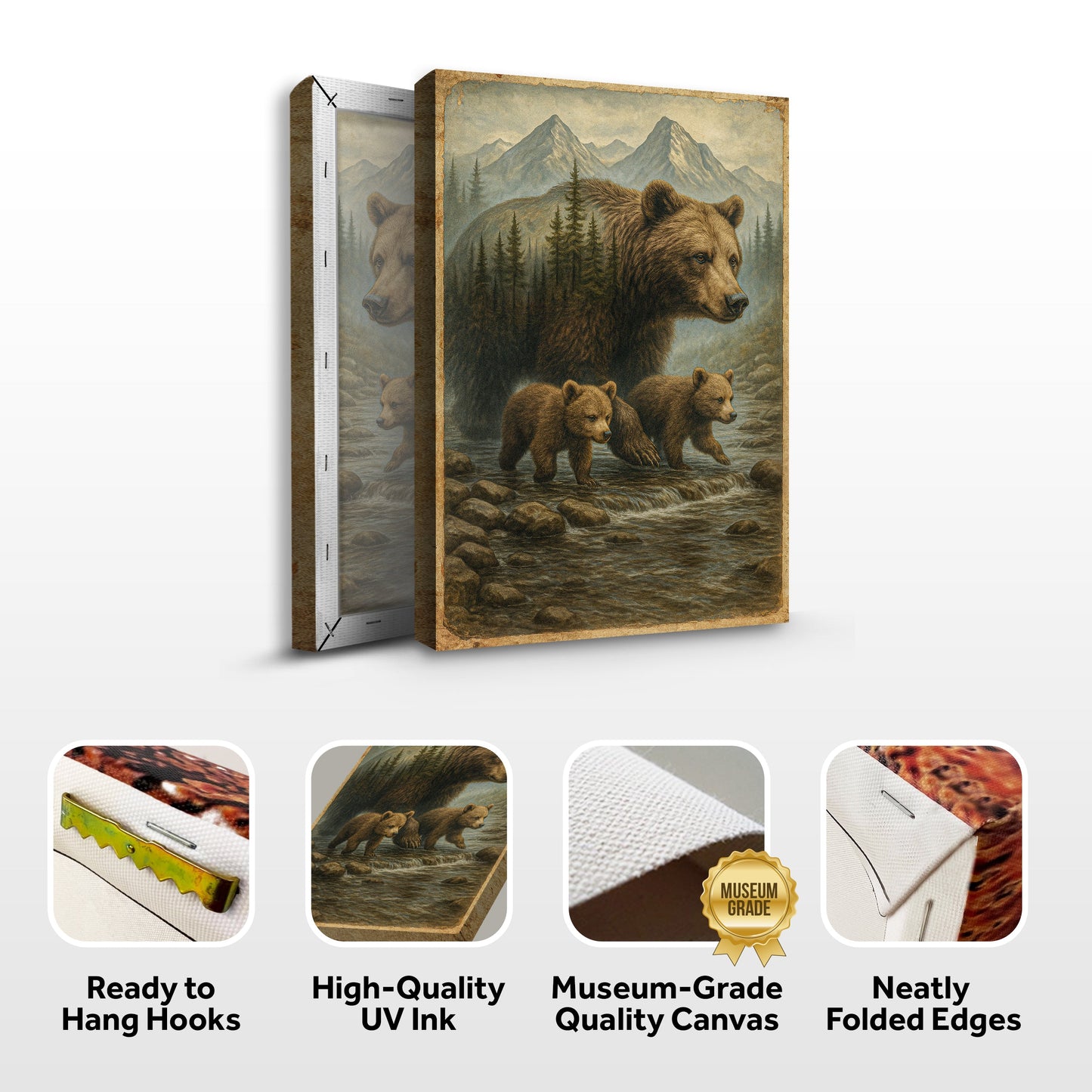 Mother Bear and Cubs Double Exposure Canvas Wall Art