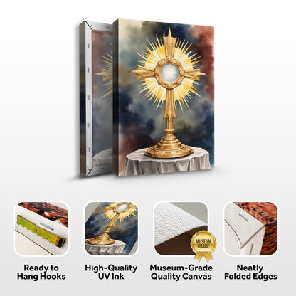Holy Eucharist monstrance canvas front and side, with text: Ready to Hang Hooks, High-Quality UV Ink, Museum-Grade Quality Canvas, Neatly Folded Edges