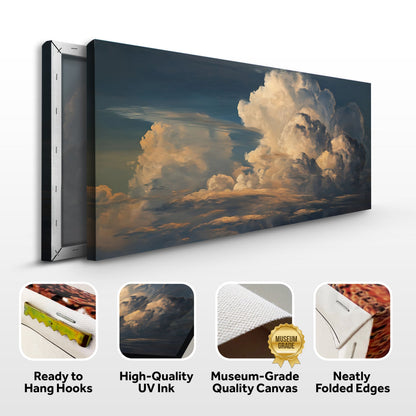 Storm clouds canvas front and side, with text: Ready to Hang Hooks, High-Quality UV Ink, Museum-Grade Quality Canvas, Neatly Folded Edges
