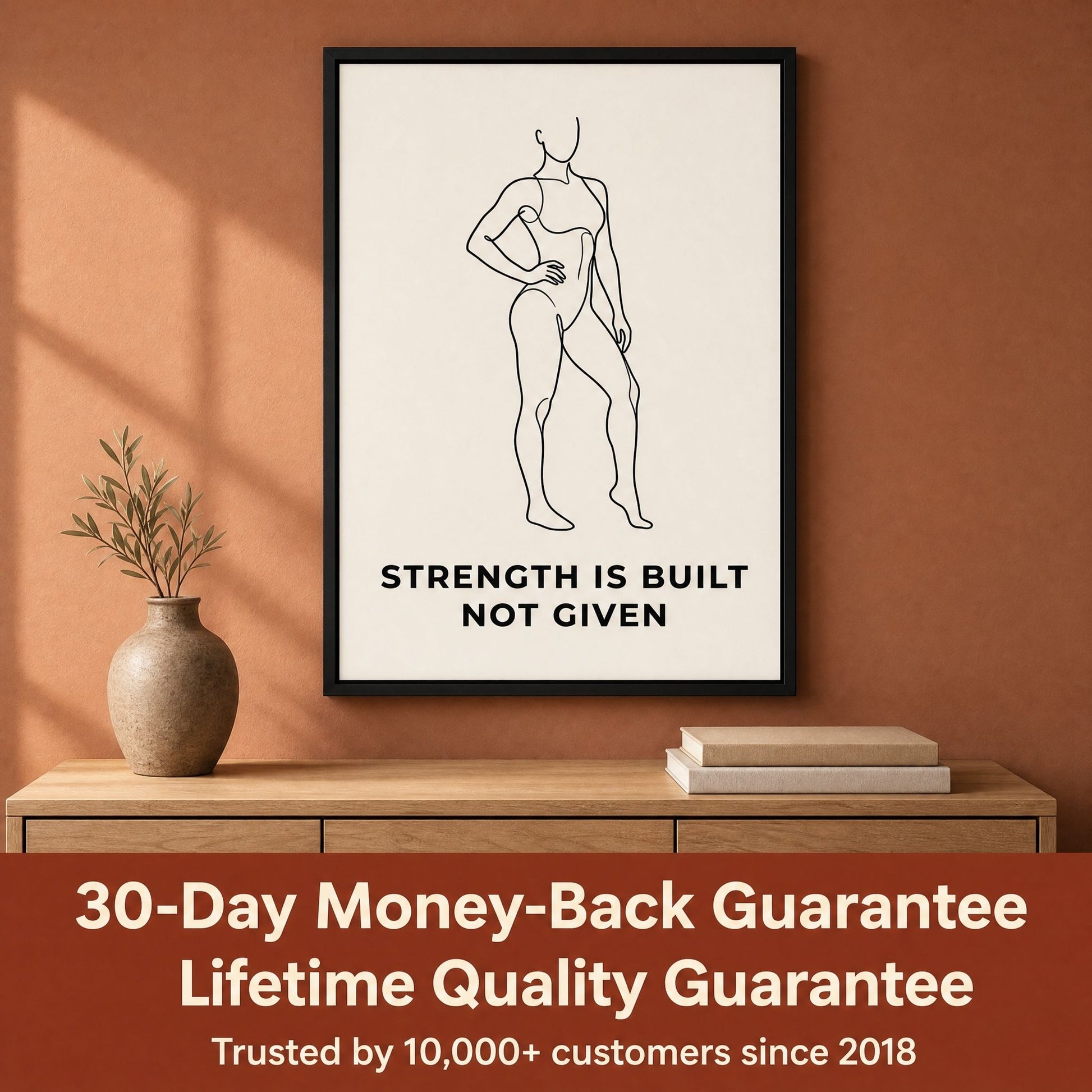 Framed print above a styled sideboard, with an overlaid information panel about returns and quality
