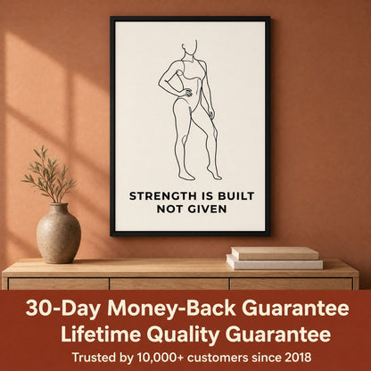 Framed print above a styled sideboard, with an overlaid information panel about returns and quality