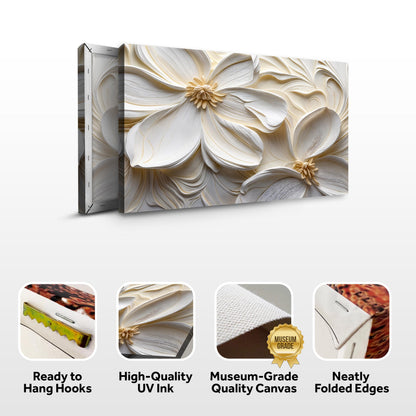 Large white flowers canvas front and side, with text: Ready to Hang Hooks, High-Quality UV Ink, Museum-Grade Quality Canvas, Neatly Folded Edges