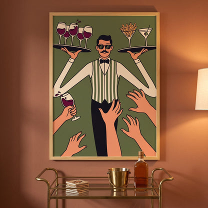 Retro waiter cocktail poster on a rust wall above a brass bar cart with a decanter
