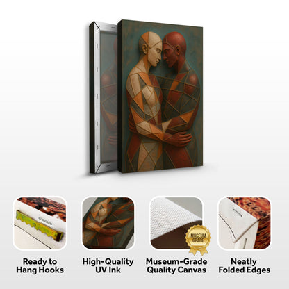 Geometric couple canvas front and side, with text: Ready to Hang Hooks, High-Quality UV Ink, Museum-Grade Quality Canvas, Neatly Folded Edges