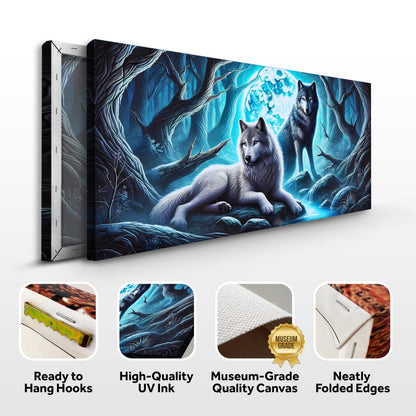 Wolves and glowing moon canvas front and side, with text: Ready to Hang Hooks, High-Quality UV Ink, Museum-Grade Quality Canvas, Neatly Folded Edges