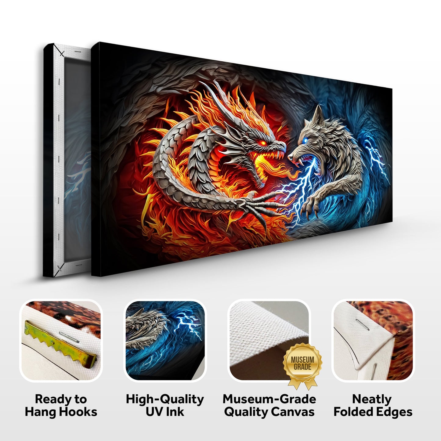 3D Dragon and Wolf Canvas Wall Art II