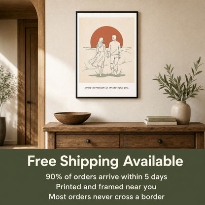 Hallway console scene with the shipping note: free shipping available, printed and framed near you.