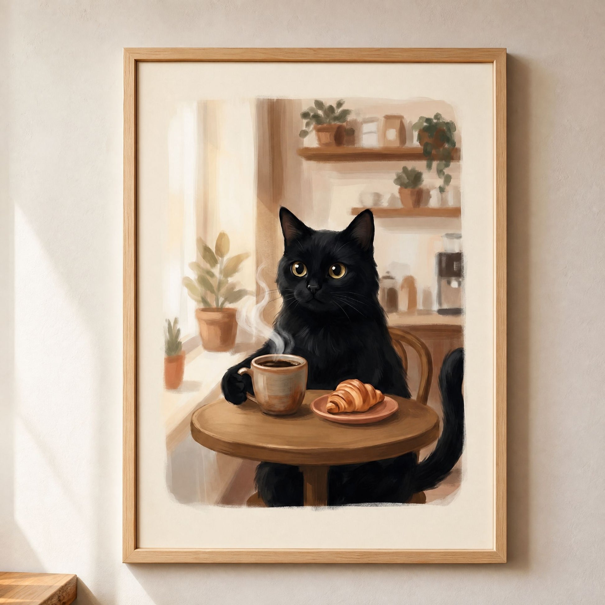Large framed cat coffee wall art on a white kitchen wall lit by a diagonal shaft of afternoon sun