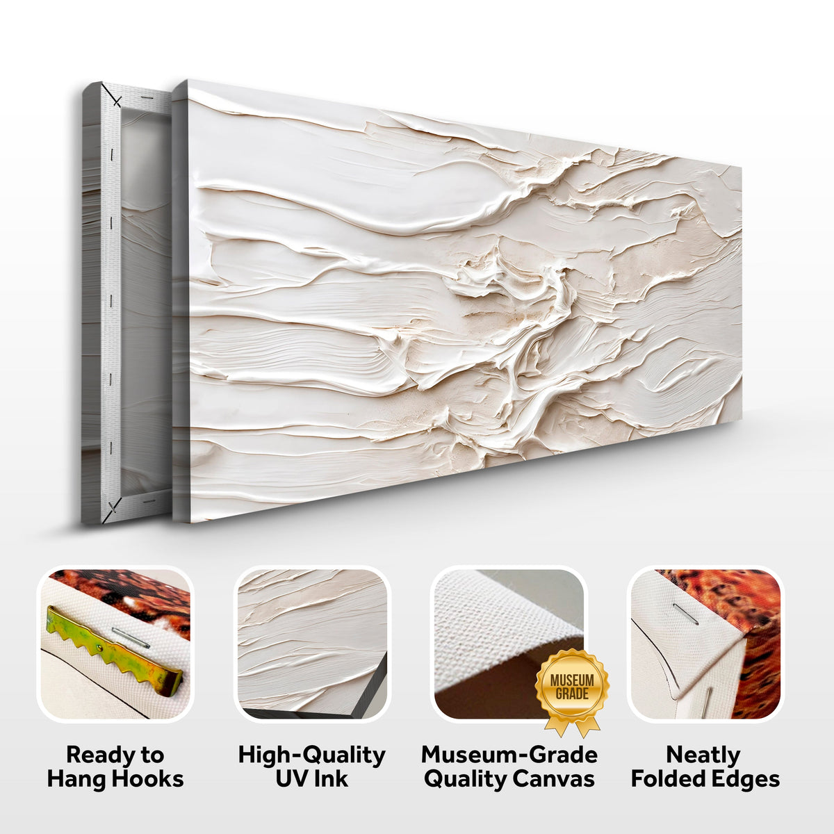 Chalk White Layered Abstract canvas front and side, with text: Ready to Hang Hooks, High-Quality UV Ink, Museum-Grade Quality Canvas, Neatly Folded Edges