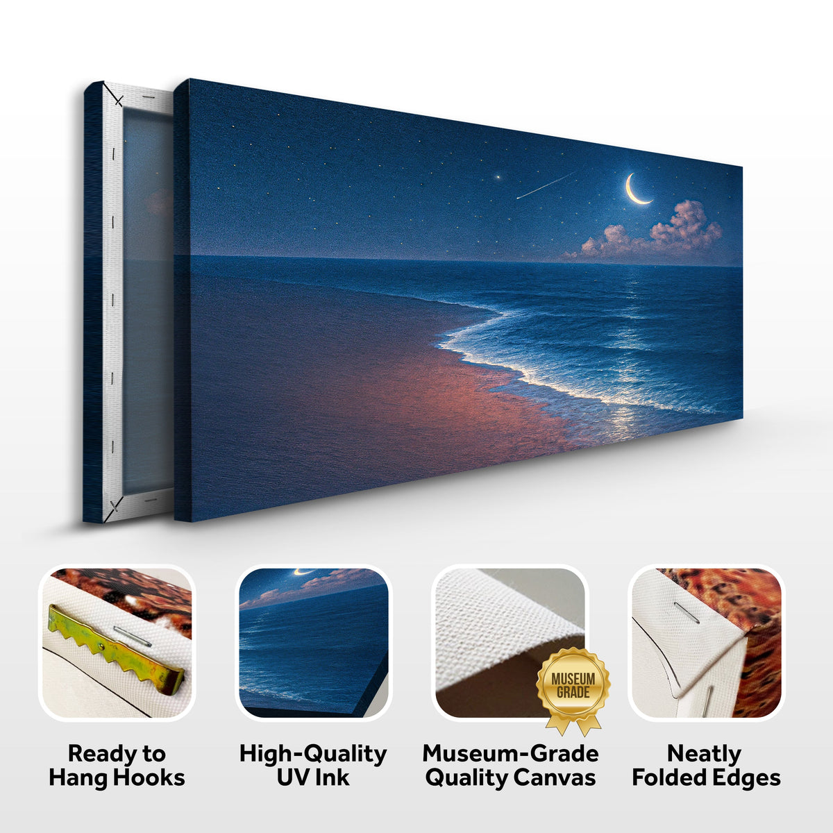 Crescent moon beach at night canvas front and side, with text: Ready to Hang Hooks, High-Quality UV Ink, Museum-Grade Quality Canvas, Neatly Folded Edges