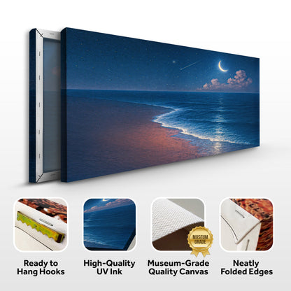 Crescent moon beach at night canvas front and side, with text: Ready to Hang Hooks, High-Quality UV Ink, Museum-Grade Quality Canvas, Neatly Folded Edges