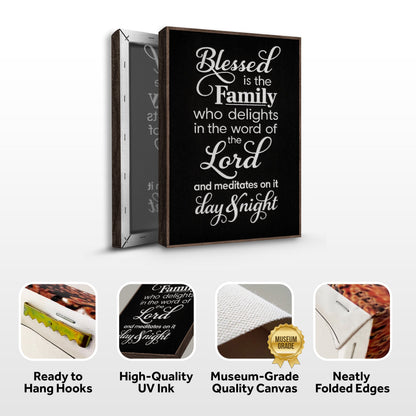 Blessed is the family black and white canvas front and side, with text: Ready to Hang Hooks, High-Quality UV Ink, Museum-Grade Quality Canvas, Neatly Folded Edges