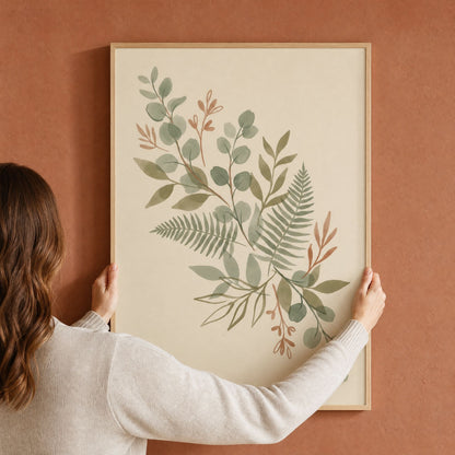 A woman hanging a large framed sage green eucalyptus and fern print on a terracotta wall
