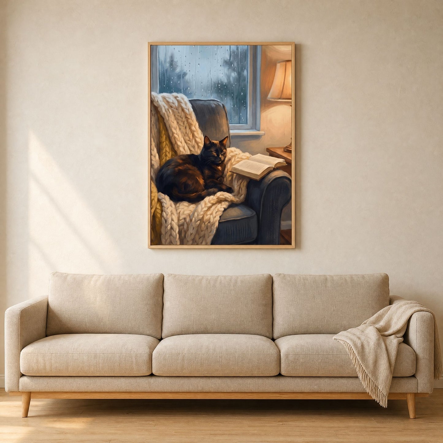 Moody wall art hung above a three-seat sofa, showing how the framed print fills a living room wall