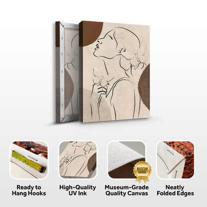 Woman profile line art canvas front and side, with text: Ready to Hang Hooks, High-Quality UV Ink, Museum-Grade Quality Canvas, Neatly Folded Edges