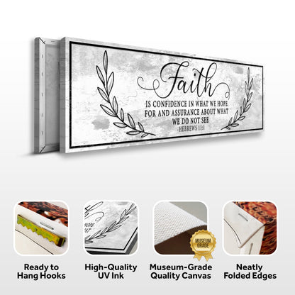 Hebrews 11:1 distressed-look grey canvas front and side, with text: Ready to Hang Hooks, High-Quality UV Ink, Museum-Grade Quality Canvas, Neatly Folded Edges