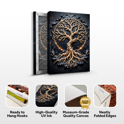 Celtic tree of life canvas front and side, with text: Ready to Hang Hooks, High-Quality UV Ink, Museum-Grade Quality Canvas, Neatly Folded Edges