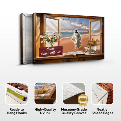 Jesus beach window canvas front and side, with text: Ready to Hang Hooks, High-Quality UV Ink, Museum-Grade Quality Canvas, Neatly Folded Edges