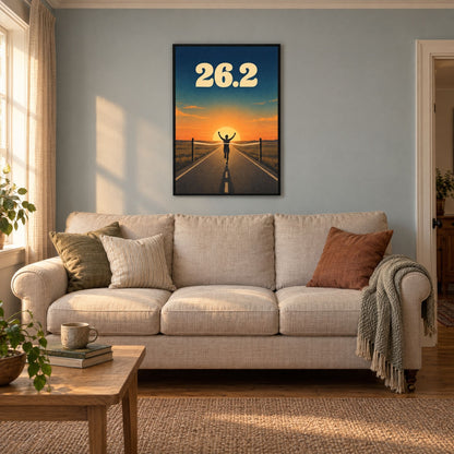 Marathon finish line print hung above a three-seater sofa, showing how the large size reads on a living room wall