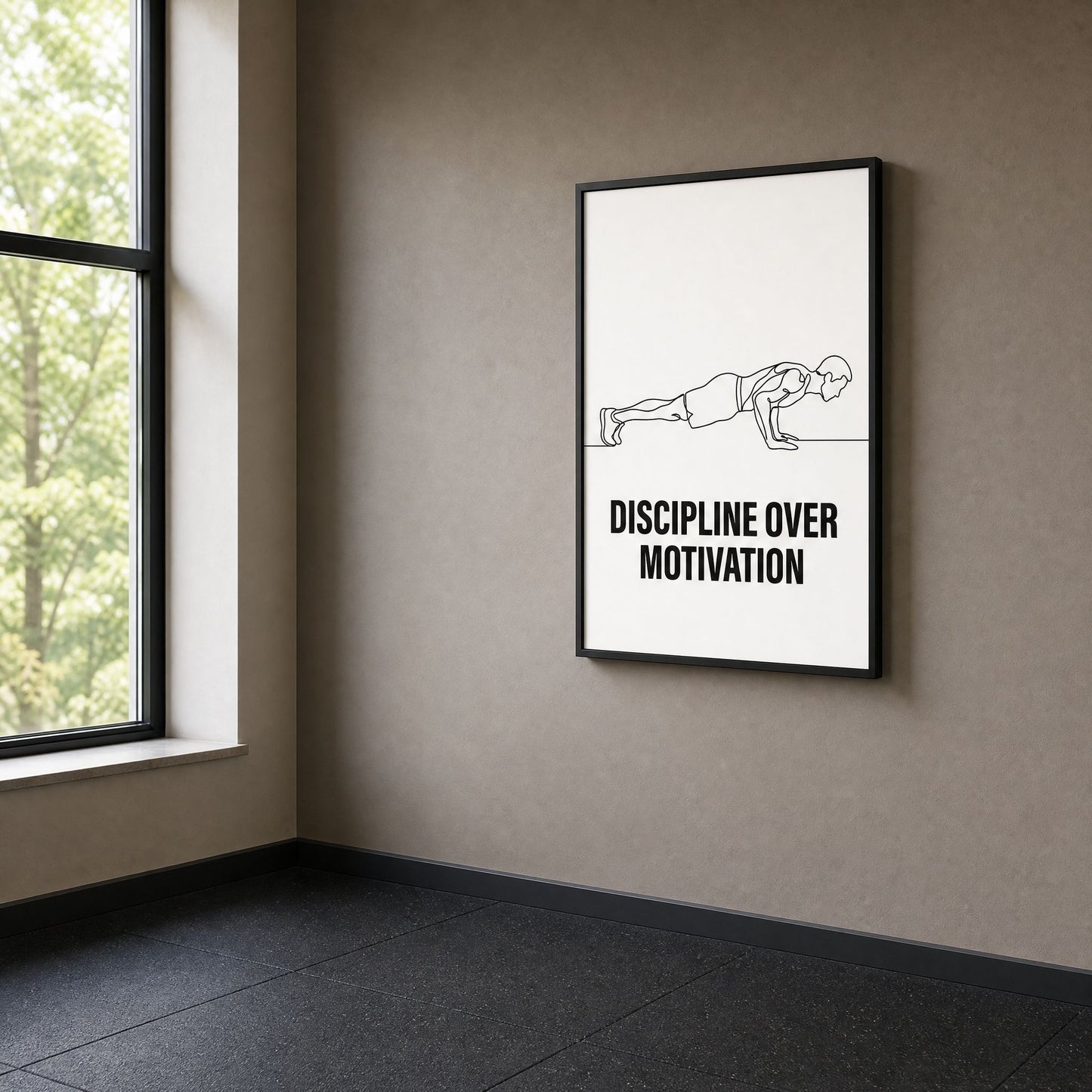 The framed print alone on a taupe wall in an empty room, daylight from a tall window across a dark floor