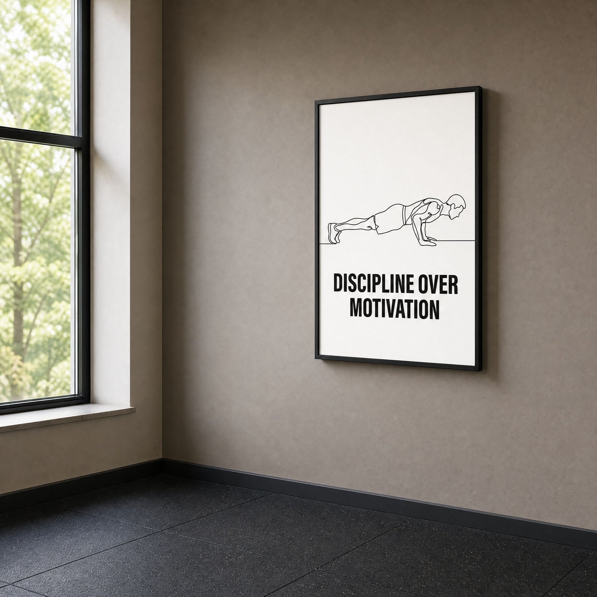 The framed print alone on a taupe wall in an empty room, daylight from a tall window across a dark floor