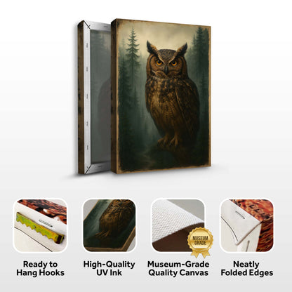Great horned owl canvas front and side, with text: Ready to Hang Hooks, High-Quality UV Ink, Museum-Grade Quality Canvas, Neatly Folded Edges