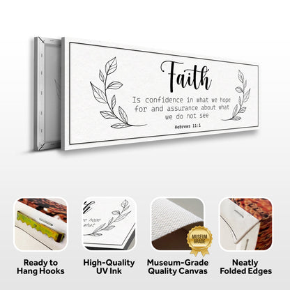 Hebrews 11:1 laurel canvas front and side, with text: Ready to Hang Hooks, High-Quality UV Ink, Museum-Grade Quality Canvas, Neatly Folded Edges