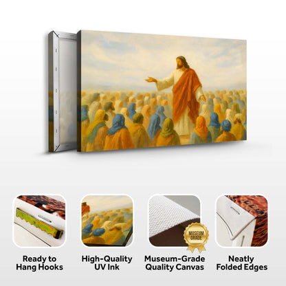 Jesus speaking to the multitude canvas front and side, with text: Ready to Hang Hooks, High-Quality UV Ink, Museum-Grade Quality Canvas, Neatly Folded Edges