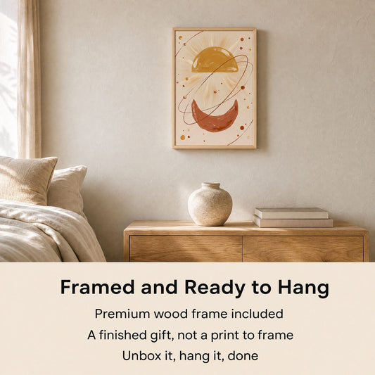 Boho celestial print framed above an oak console, with a card listing what arrives ready to hang.