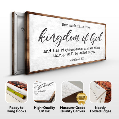 Kingdom of God Matthew 6:33 sign canvas front and side, with text: Ready to Hang Hooks, High-Quality UV Ink, Museum-Grade Quality Canvas, Neatly Folded Edges