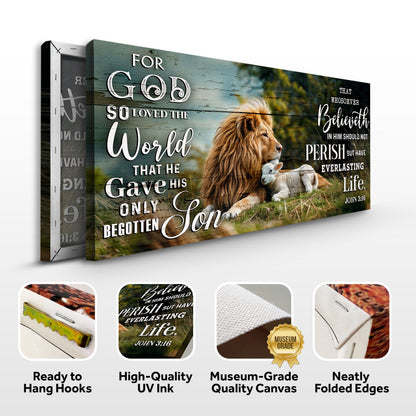 Lion and lamb verse canvas front and side, with text: Ready to Hang Hooks, High-Quality UV Ink, Museum-Grade Quality Canvas, Neatly Folded Edges